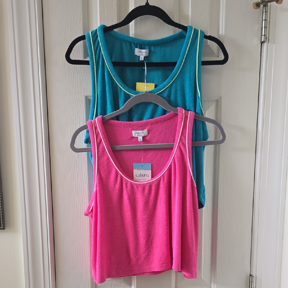 CABANA BY CROWN & IVY BRAND WOMENS PINK & TURQUOISE TERRY CROP TANK TOPS SIZE XL
